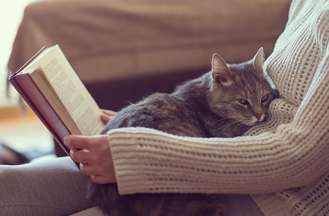 Woman reading with cat in lap