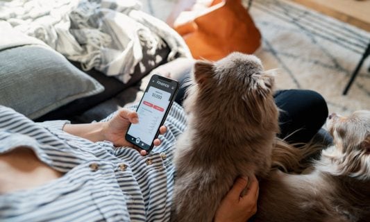 woman on banking app budgeting for her dog and cat