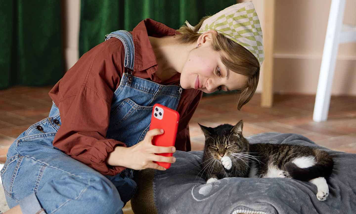 a woman sitting beside her cat and having a video call with her cellphone