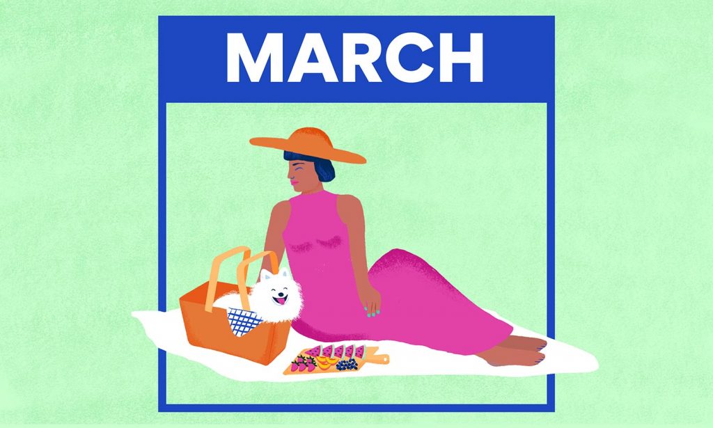 illustration of a woman having a picnic with her dog. A frame around the woman has the title "March"