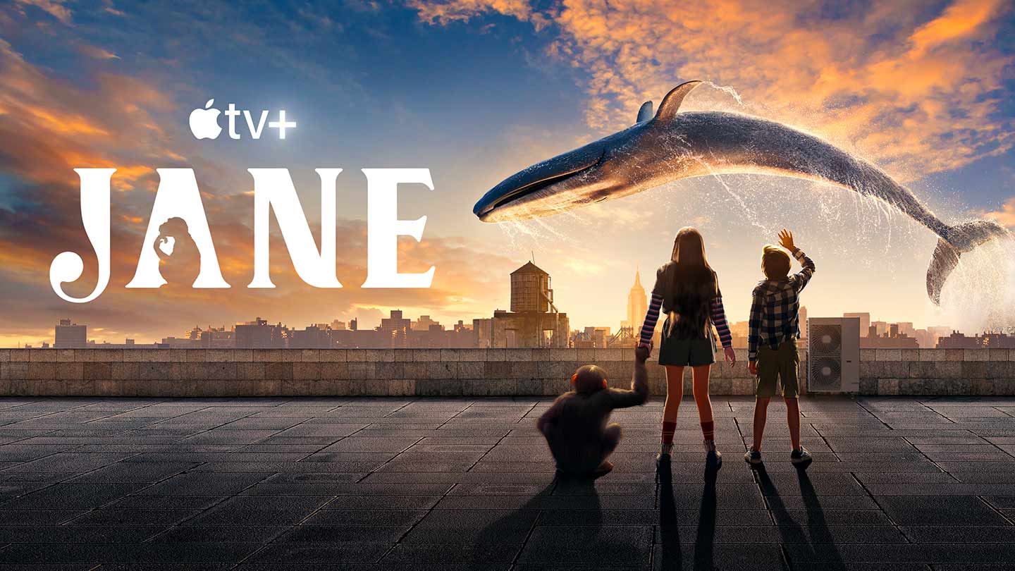 Key art for Apple TV series "Jane" showing two children and a chimpanzee watching a whale leaping in the air