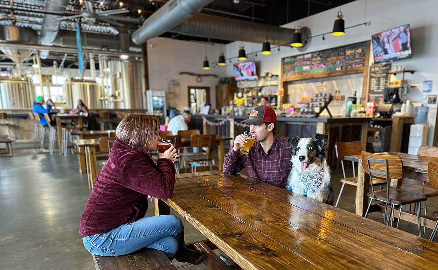 A couple and their dog sitting inside Armored Cow Brewery