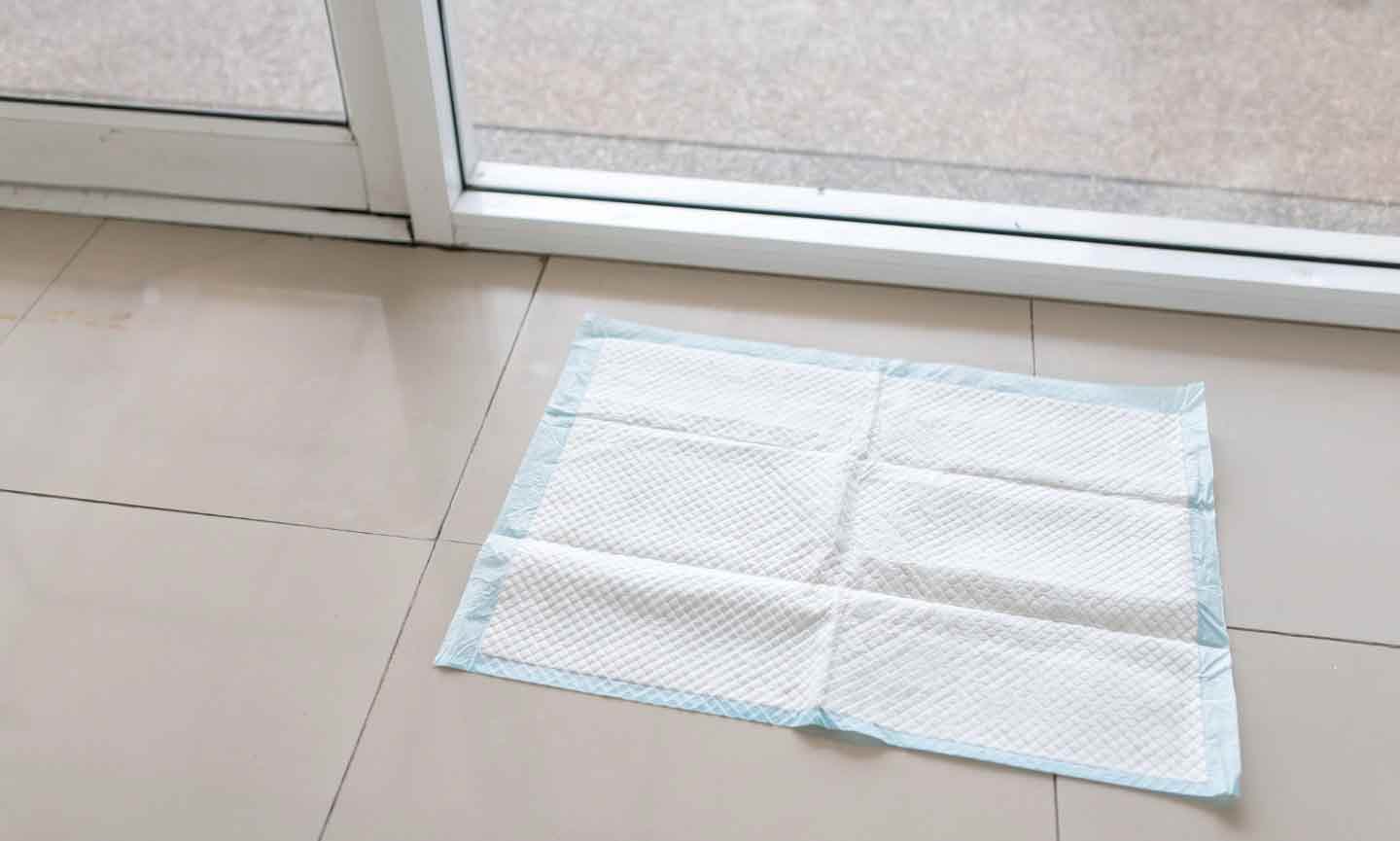 A dog pee pad laying on the tile floor in front of a sliding glass door.