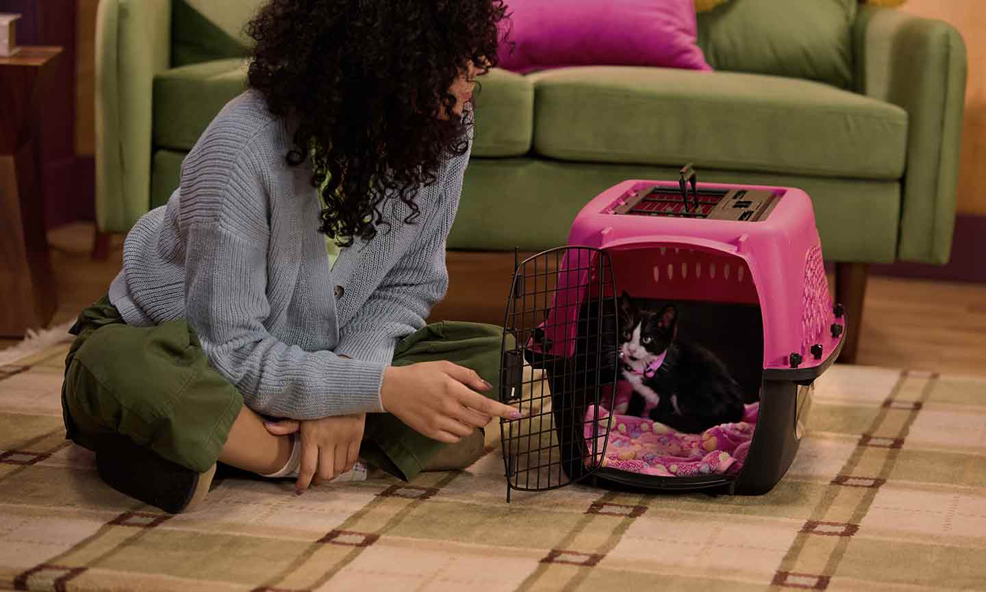 A woman sitting beside and looking into a cat carrier with a kitten inside