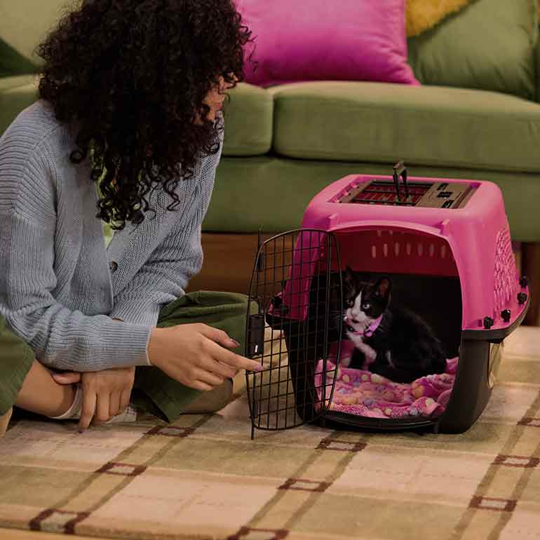 A woman sitting beside and looking into a cat carrier with a kitten inside