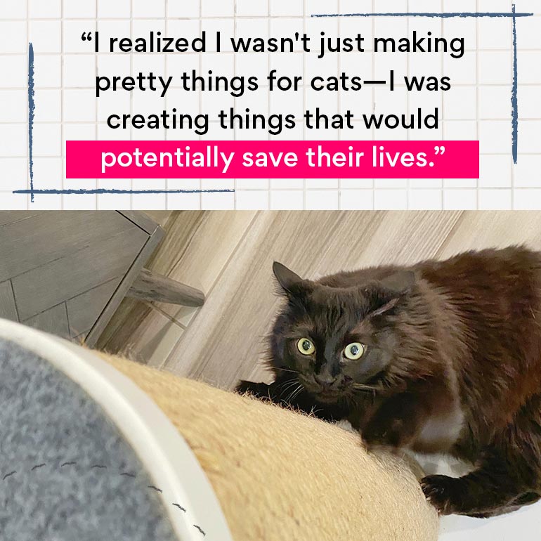 A photo of a cat scratching a Hauspanther scratcher. A quote above the photo reads "I realized I wasn't just making pretty things for cats—I was creating things that would potentially save their lives."