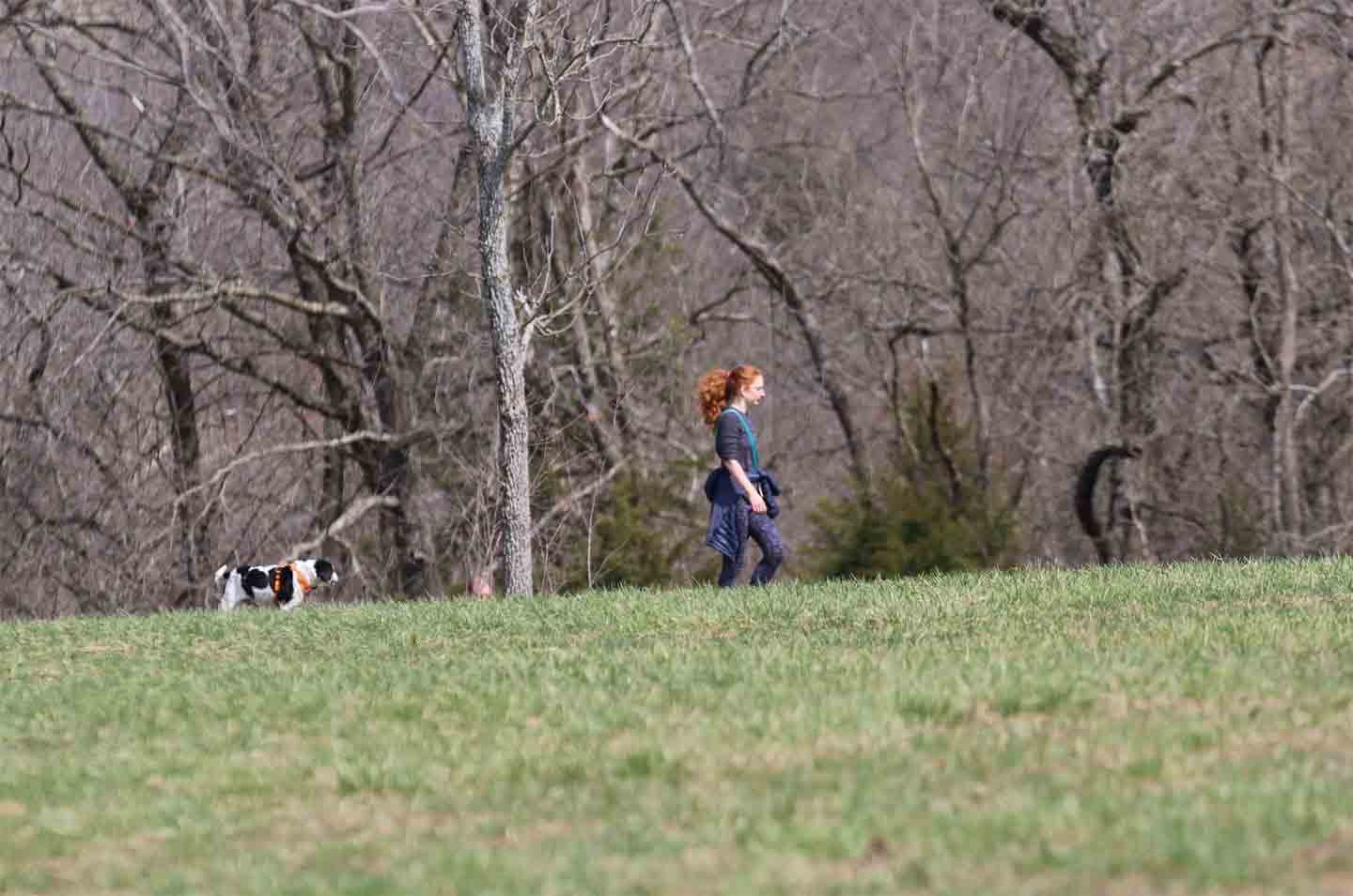 Photo of a woman walking her dog at Shawnee Mission Park