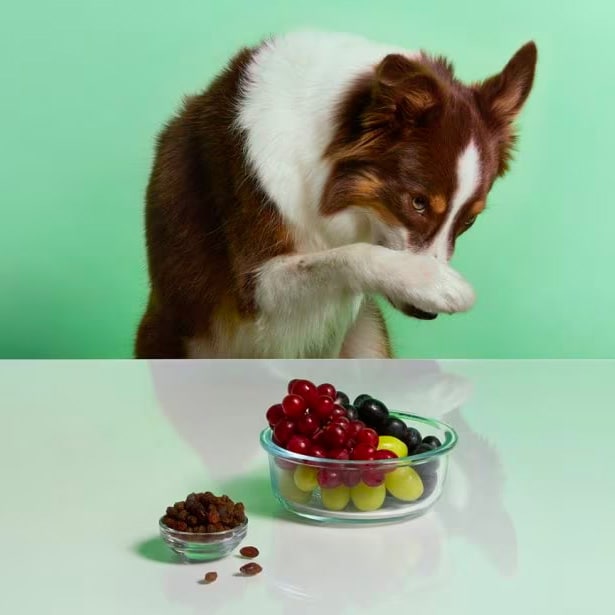 what can dogs not eat: dog with paw on face looking away from grapes on a table