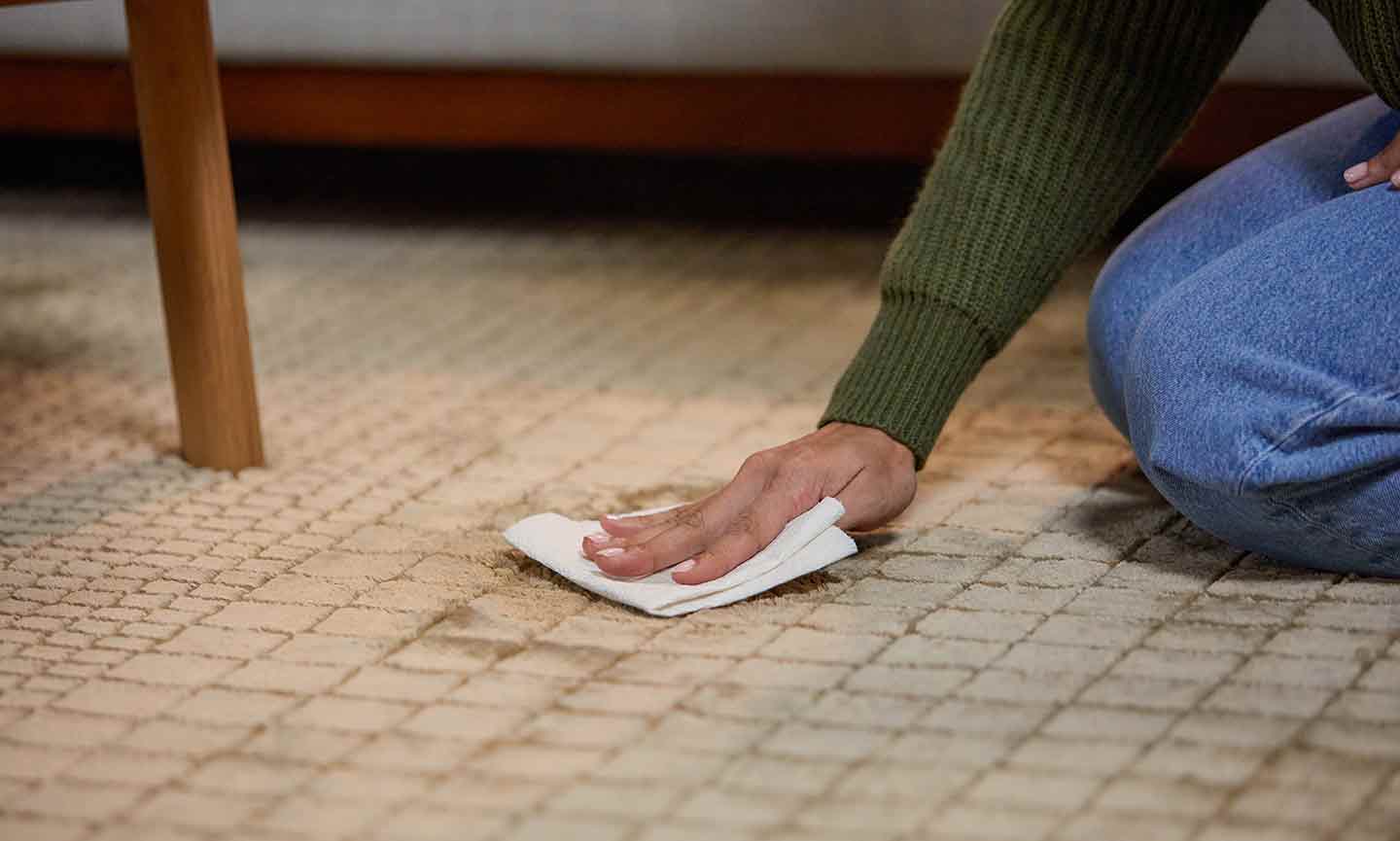 Photo of a woman dabbing a rug with a paper towel