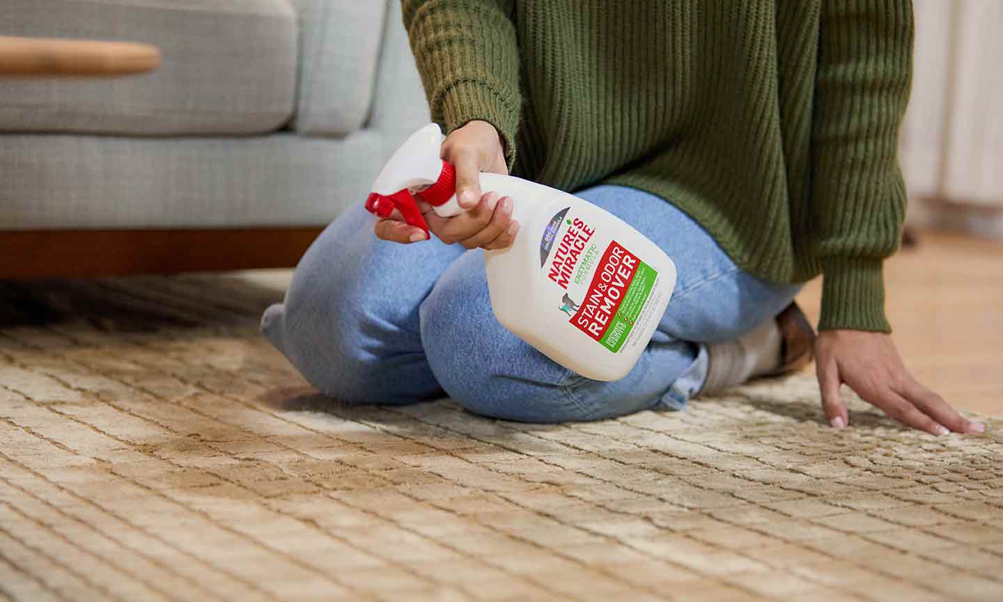 Photo of a woman spraying cleaner on a rug