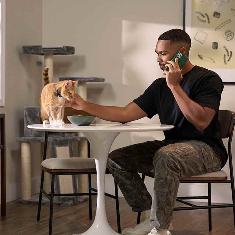 Photo of a man talking on the phone while sitting at a table and petting a cat